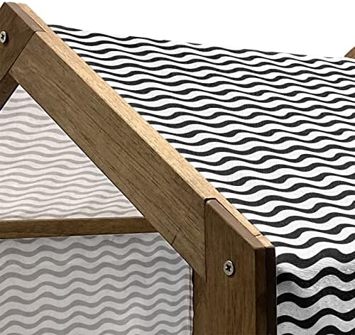Ambsosonne Art Crazy Wooden Pet House, estrias onduladas em horizontalmente colocadas em design simples de monótono, canil portátil de cão portátil interno e externo com travesseiro e cobertura, médio, cinza e branco de carvão