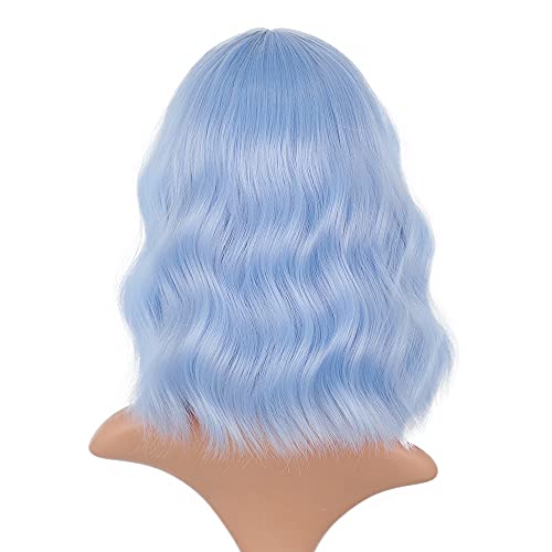 Peruca azul claro lnerato curto ondulado ondulado perucas para mulheres perucas azuis com franjas de peruca de festa de cosplay sintéticas para mulheres para mulheres meninas