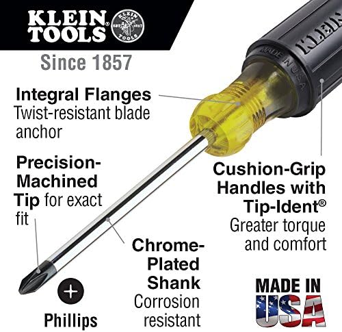 Klein Tools 603-10 Chave de fenda Phillips 2, chave de fenda não magnética com haste redonda de 10 polegadas, aderência