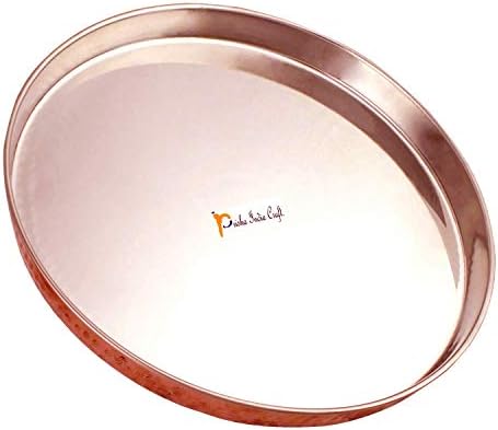 Prisha India Craft Dinnerware Copper Conjunto tradicional de jantar de prato thali, tigelas, garfo, colher de vidro e colher de servir, diâmetro de 13 polegadas - itens de presentes de Natal - conjunto de cobre de aço inoxidável