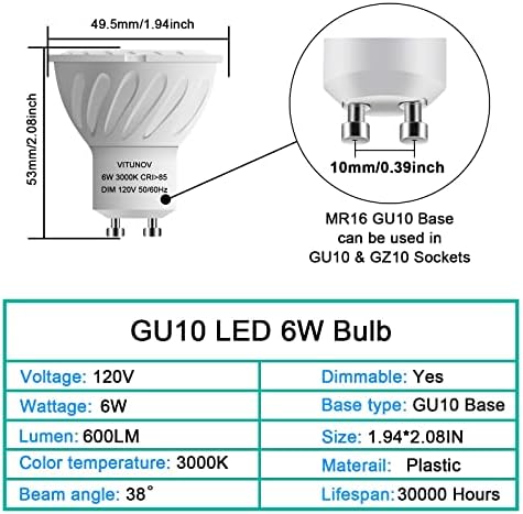 VITUNOV GU10 LED BULLS DIMMÁVEL, 6W, LUZ MR16 GU10 LUZ COM LUMPAN LUMA LUMA DURO, 3000K WAX WAX WHOT GU10 120V 50W LUZ