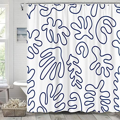 Cortina de chuveiro azul boho, moderno abstrato moderno folhas florais estética única cortina de chuveiro fofo para bahtroom