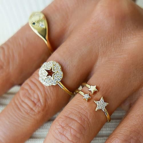 Kolesso minimalista de zircão CZ Estrela da lua anéis abertos para mulheres casais charme ouro camada dupla de dedo ajustável