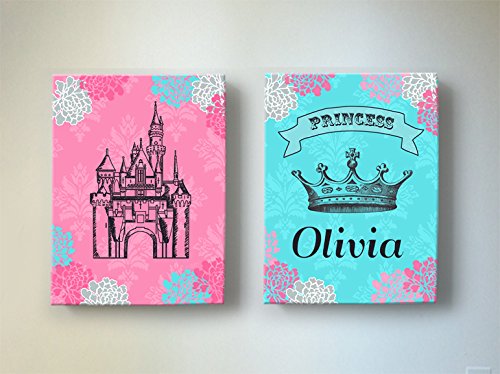 Girls personalizadas Princess Bursery Canvas Decoração de parede - Castelo exclusivo e tema floral da coroa, faça ótimos