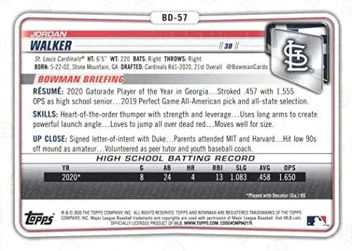 2020 Bowman Draft Baseball #BD-57 Jordan Walker Pré-Rookie Cardinals-1st Bowman Card
