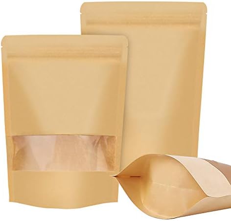 Klatie 50pcs kraft bolsas, 3,5 × 5,5 Bolsa de armazenamento de alimentos com bloqueio com janela, sacos reutilizáveis ​​e selvagens de calor para biscoitos de chá de café