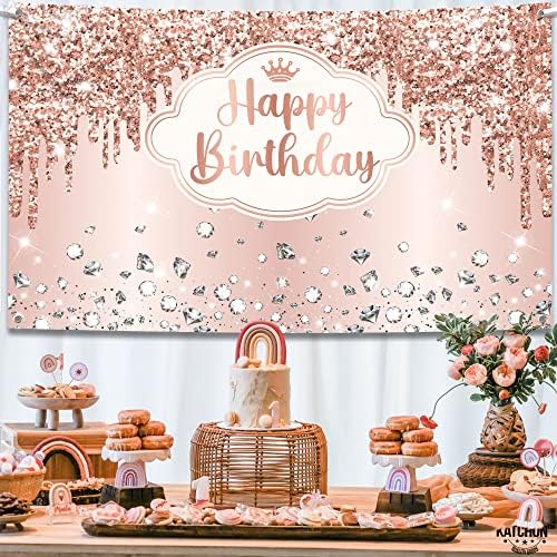 Katchon, banner de feliz aniversário de ouro rosa - 72 x 44 polegadas | Centro de ouro rosa para festa de aniversário