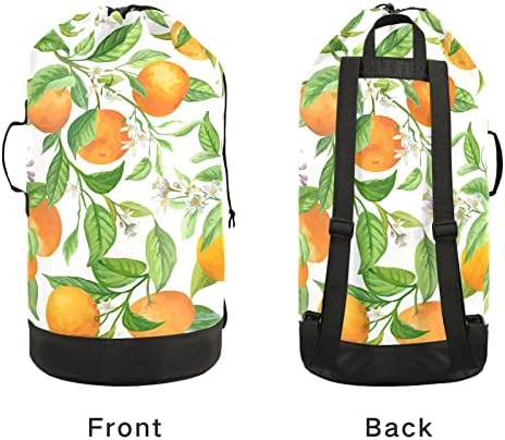 Oyihfvs sem costura laranja suculenta frutas cítricas, folhas verdes, bolsa de lavanderia de mochila de flores brancas, mochila de lavanderia com alças de ombro, mochila de roupas de nylon à prova d'água para homens mochilas de ioga