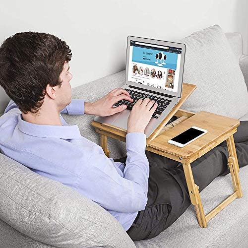 Mesa de laptop para canções, bandeja dobrável, mesa de cama de bambu com top de inclinação, gaveta pequena, para escritório