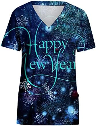 Ano Novo Scrub Tops for Women Holiday Workwear 2023 Scrub camisetas de manga curta v pescoço brilhante Tops com bolsos