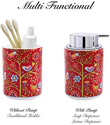 BICO Red Spring Bird Ceramic 12oz Soop Dispenser, com bomba removível, ideal para sabonete de cozinha, sabão de banheiro, loção