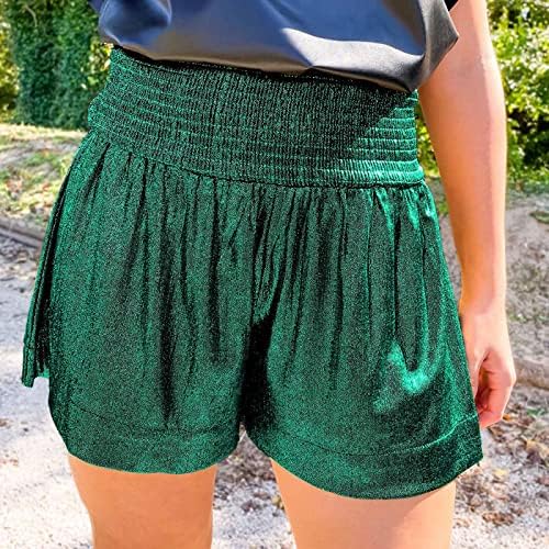 Yongans shorts brilhantes para mulheres elásticas de verão RUFFLES GLITTER GLITTER GLITTER CASUAL PALAZZO SHORTS PALAZZO DE PALAZZO