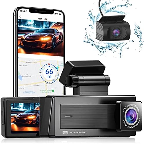 V6D Dash Cam Front e traseira, câmera de traço dual 4K+1080p para carros, câmera de carro Wi-Fi GPS embutida, gravador de câmera de exibição de 3,18 polegadas, 170 ° de câmera de painel de larga angular, visão noturna, monitor de estacionamento