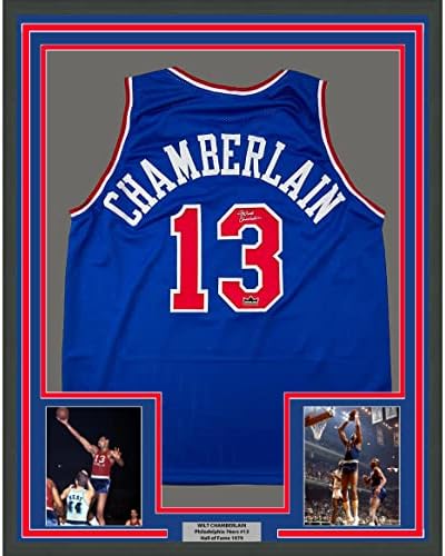 Fac -símile emoldurado autografado Wilt Chamberlain 33x42 Philadelphia Blue reimpressão a laser Auto Basketball Jersey