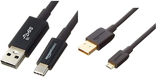 Basics USB Tipo C para USB-A Male 3.1 Gen2 Cabo do carregador de adaptador-3 pés-preto e USB 2.0 A-Male para Micro B Cabo, 6 pés, preto