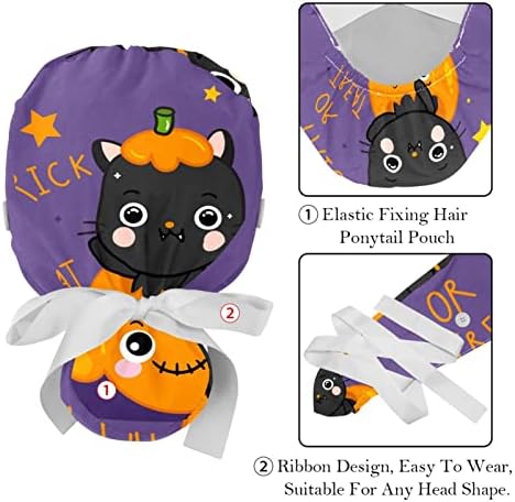 Capas médicas para mulheres com botões de cabelo comprido, boné de trabalho ajustável de 2 peças, gato fofo de Halloween com