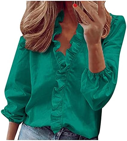 Tops elegantes do Womens Ruffle v lanterna de pescoço camisetas de mangas compridas camisetas