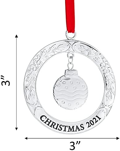 Ornamento de Natal de Klikel 2021 - Ornamento de Natal de Prata Brilhante 2021-2021 Ornamento Gravado Christmas 2021 com Bola Hanging - Ornamento de Prata para a Árvore de Natal com fita vermelha e caixa de presente