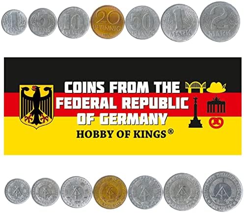 6 moedas da República Democrática Alemã | Coleção de moedas da Alemanha Oriental 1 5 10 50 Pfennig 1 2 Deutsche Mark | Circulou 1952-1963 | Martelo | Bússola