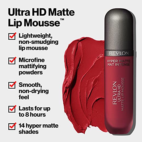 Revlon Ultra HD Mousse Hyper Matte, batom líquido cremoso LongWearing em vermelho / coral, subsaariano, 0,2 oz