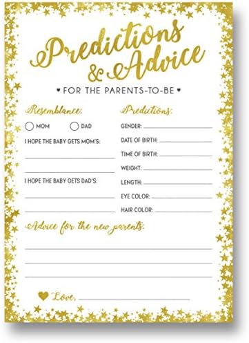 50 Gold Baby Shower Prediction and Advice Cards - Gênero neutro menino ou menina, jogos de chá de bebê, decorações de chá