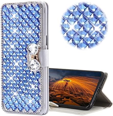 Caixa de telefone da carteira de glitter Compatível com Moto One 5G ACE / MOTO Um 5G UW ACE 2021, AS -ZEKE 3D Série artesanal Madeira Lattice Bow Rhinestone Crystal Bling Casal Case - Case - Azul
