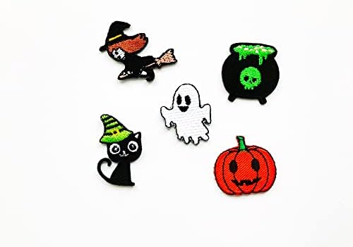 PL conjunto de 5 minúsculos. Halloween Ghost Witch preto gato abóbora Caldeirão fofo desenho animado costurar ferro em apliques de apliques bordados trajes