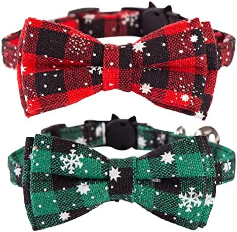 Aiitle Christmas Breakaway Plaid Cat Collar com gravata borboleta fofa, 2 pacote de colares de segurança ajustáveis ​​de Natal de Natal com padrão de impressão de floco de neve para gatos e gatos meninos, gatinhos, filhote