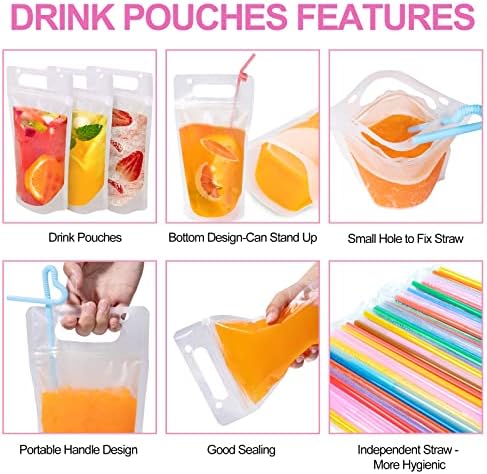 100 PCs Drink bolsas para adultos, bolsas reutilizáveis ​​de bebidas com canudos de canais, bolsas de suco de mão para adultos