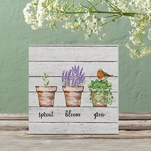 Broto de jardim Bloom Grow Wooden Box Sigl Farmhouse Box Wood Sign Plreme Blocks de prateleira de mesa Decoração de casa de casa