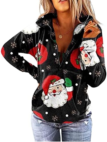 Sweater Feio de Natal para Mulheres Fall Fashion 2022 Cascola engraçada Tops Half Zip Up Leapel Collar V Neck Camisa