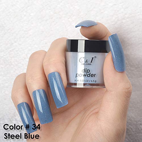 C&I Mergulhando em pó, cores de unhas, efeito de gel, cor 34 aço azul, 0,23 oz, 6,5 g, sistema de cores azul