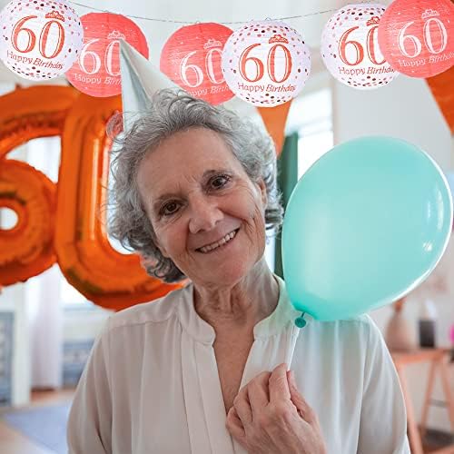 Decorações de aniversário de 60 anos para mulheres, 60ª lanternas de papel pendurado, lanternas vermelhas rosa para decorações
