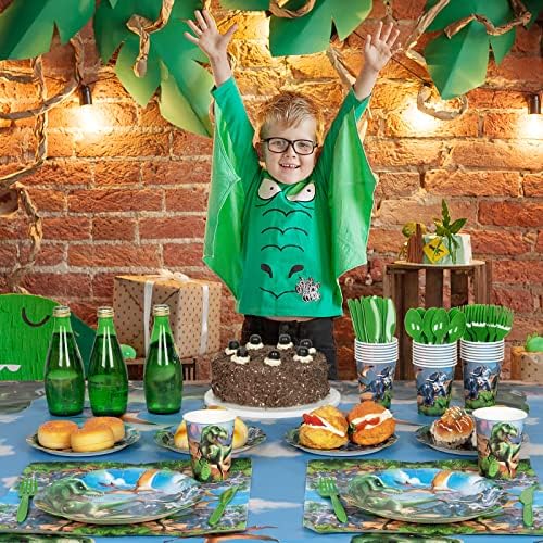 Decorlife Dinosaur Birthday Party Supplies Serve 24, pacote completo inclui pratos de dinossauros, toalha de mesa, guardana