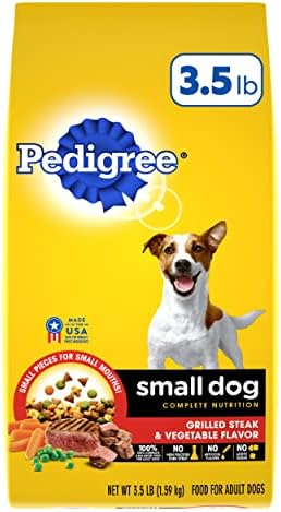 Pedigree pequeno cão nutrição completa raça pequena adulta para cães seco alimento de bife grelhado e cães com sabor vegetal Kibble, 3,5 lb. bolsa