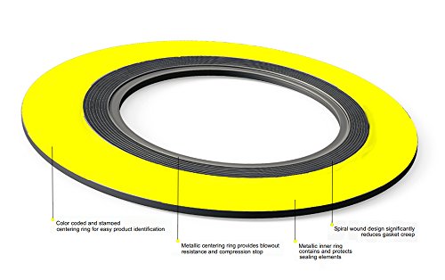 SERLING SEAL 9000IR1500304GR2500X24 304 Junta de ferida em espiral em aço inoxidável com anel interno e enchimento de grafite flexível para tubo de 1,5 , pressão de pressão 2500#, amarelo com listra cinza