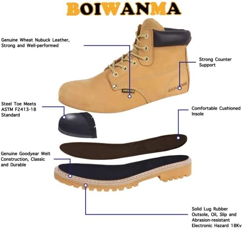 Botas de segurança de Boiwanma para homens, botas de trabalho de dedo do dedo de aço, botas industriais de construção de 6 de couro, botas de trabalho eletricista sem deslizamento de borracha, US 7-16
