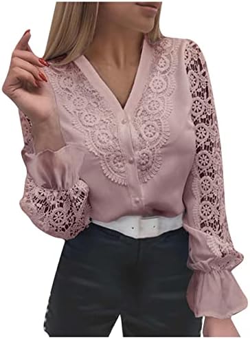 Tops de moda para mulheres renda hollow out blusa sólida v Botão de pescoço para baixo camiseta longa camisas de manga