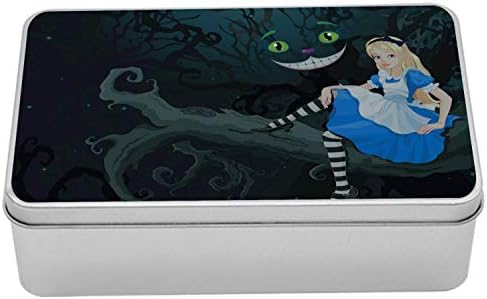 Ambesonne Alice no País das Maravilhas Caixa, Alice sentada no galho e chescire gato no escuro estilo desenho animado, caixa de armazenamento de organizador de metal retângulo portátil com tampa, 7,2 x 4,7 x 2,2 , verde escuro