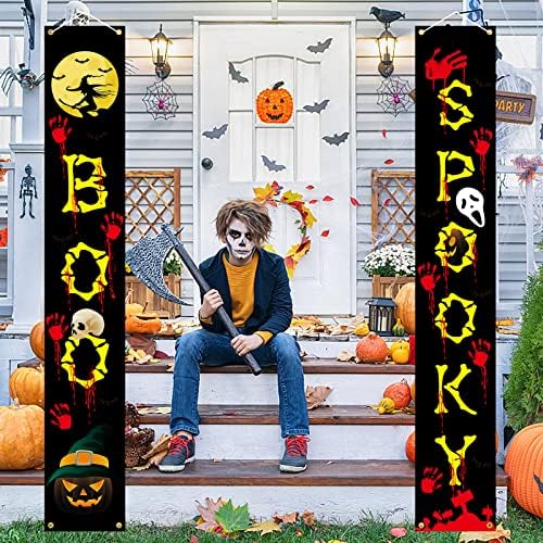 Decorações de bandeira de porta de Halloween de Gresatek, placas de esqueleto de bruxas assustadoras de Halloween Boo,
