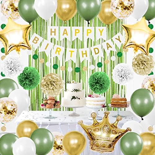 Lasocy Sage Green Birthday Birthday Party Decorações de sálvia verde e ouro balões eucalipto retro azeitona verde, bandeira de