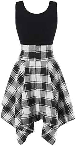 Vestido de impressão xadrez de tartano feminino up vestido assimétrico Longo/curto Mini vestidos de praia de gola Ock-deco