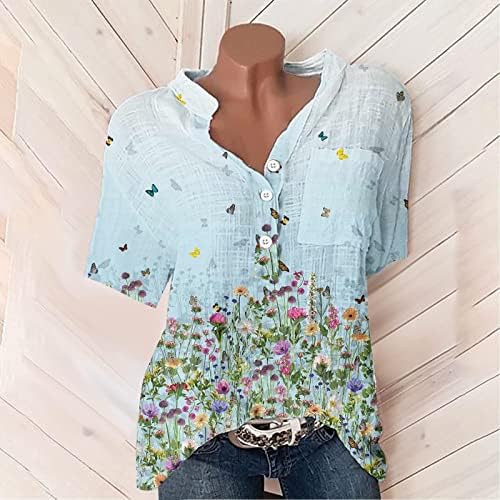 Tops femininos botão de algodão e linho de manga curta de primavera no verão para mulheres blusas de túnica floral com bolso