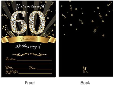 Convites de festa de aniversário de 60 anos 5x7 cartões pretos e dourados com envelopes e caneta metálica dourada