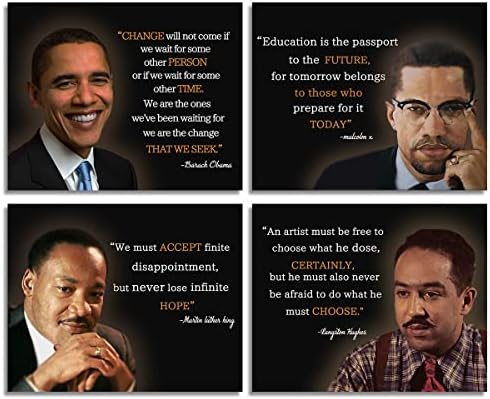 História negra, Quote Malcolm X, Martin Luther King, Barack Obama, Nelson Mandela Language Motivacional, Arte da parede Imprime a decoração de escritório da sala de aula, Conjunto de 4, 8 x10 ins -ramed05