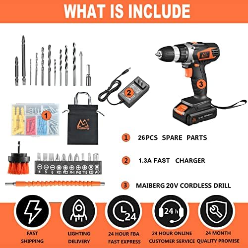 Broca sem fio de Maiberg, conjunto de pistola de parafuso elétrico com bateria de 20v 2ah, 26 acessórios, 300 torque máximo in-lb, carregador 1.3a, mandril de 3/8 , 2 velocidade variável