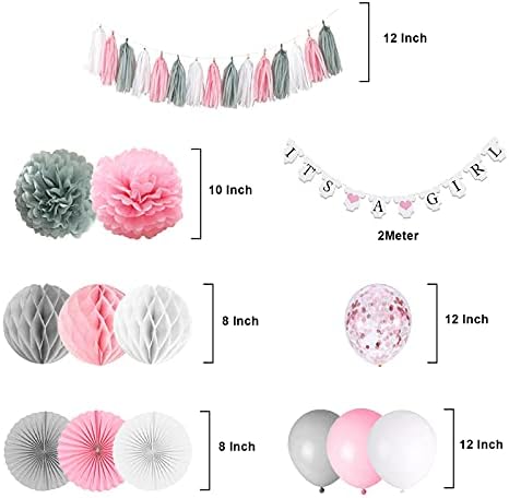 Decorações do chá de bebê para menina, é uma faixa de menina com papel de fã de papel pompoms honeycomb ball party balloons tassel, rosa e cinza é uma menina decorações de chá de bebê