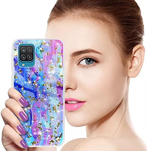 TJS Compatível com a caixa do Samsung Galaxy A12, com [protetor de tela de vidro temperado] Floco brilhante Blitter Back Skin Full Corpo Full Soft TPU TPU Bumper Phone Caixa
