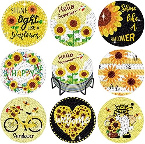 8pcs Diamond Painting Coasters com suporte, kit de montanhas -russas de arte de pintura de diamantes do girassol, Kit de kits de