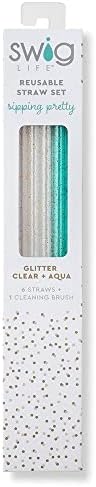 Swig Life reutilizável GLITTER GLITTER CLARE + Aqua Alto Conjunto de palha e escova de limpeza, cada canudo tem 10,25